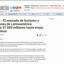 Economa.- El mercado de fusiones y adquisiciones de Latinoamrica contabiliza 37.000 millones hasta mayo, un 45% menos